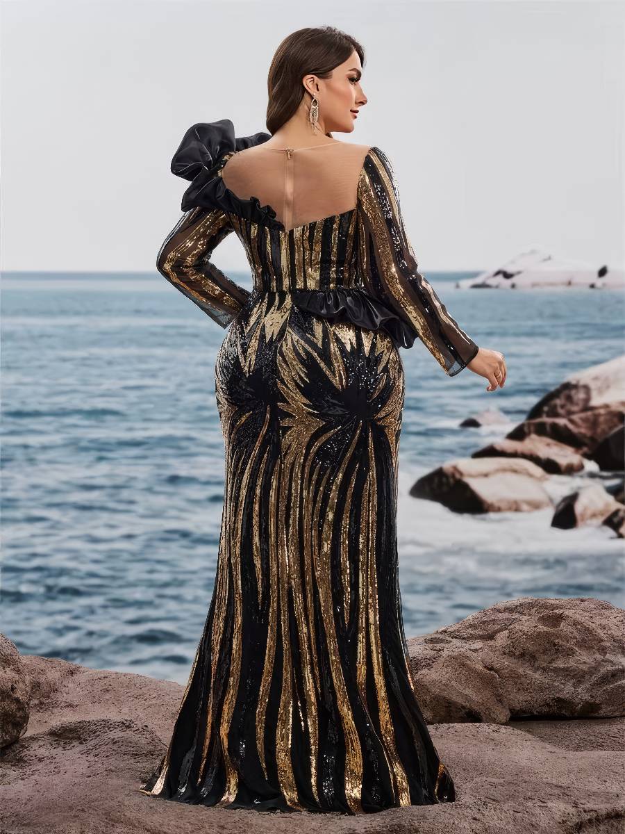 Robe Noire Et Dorée Grande Taille Longue À Paillettes Coupe Sirène Motifs Feuillages – Image 2