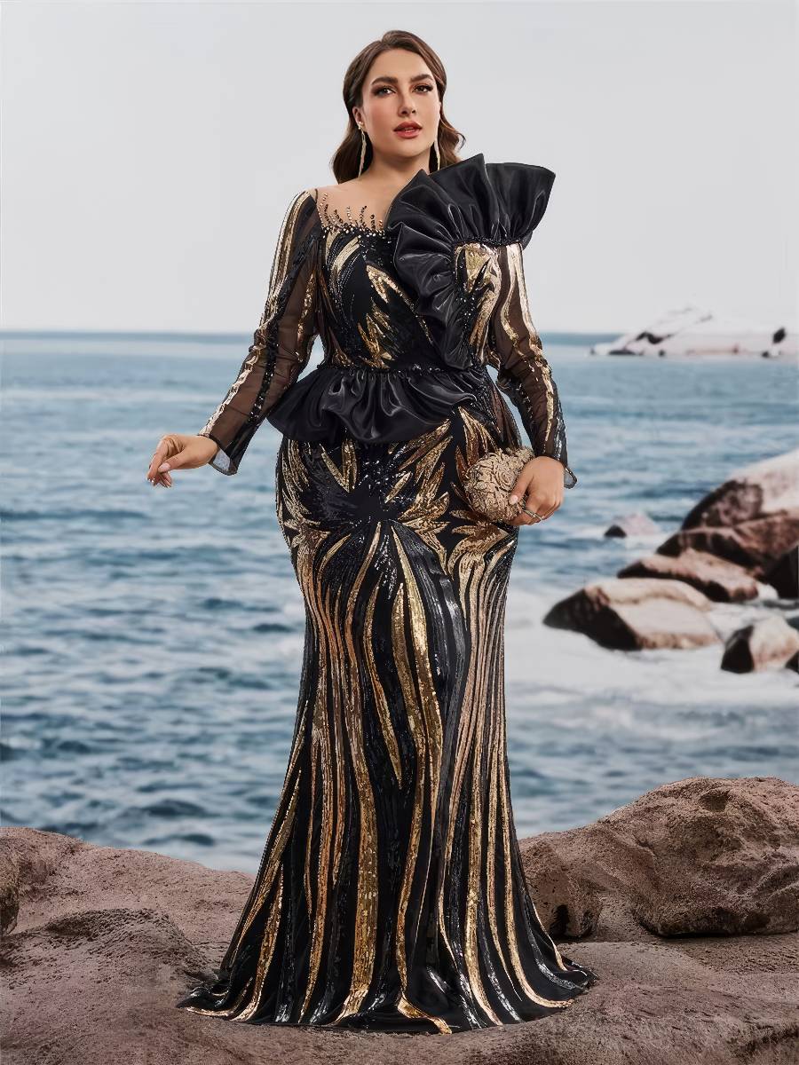 Robe Noire Et Dorée Grande Taille Longue À Paillettes Coupe Sirène Motifs Feuillages – Image 3