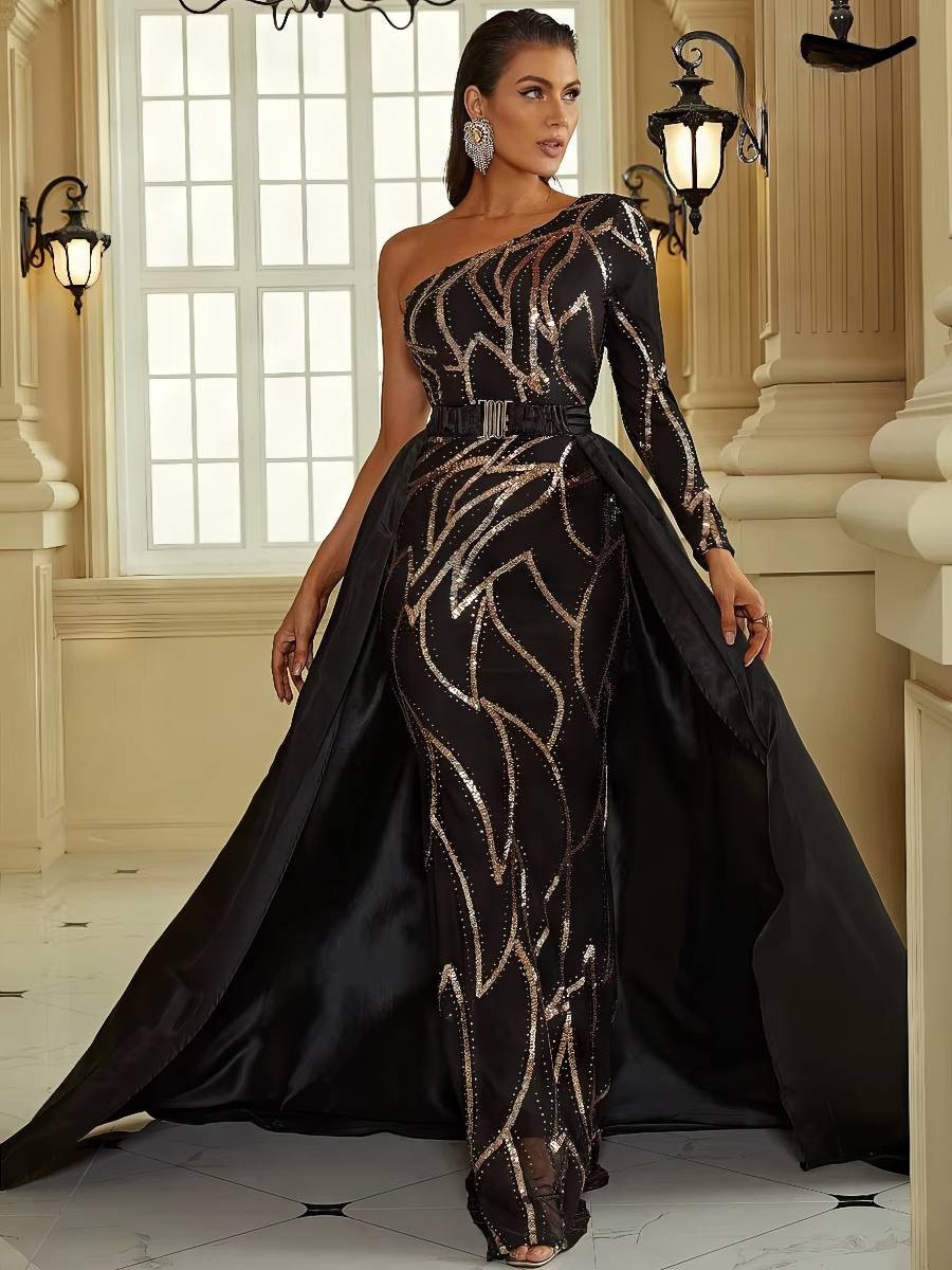 Robe Noire Et Dorée Longue À Paillettes Asymétrique Une Épaule – Image 2