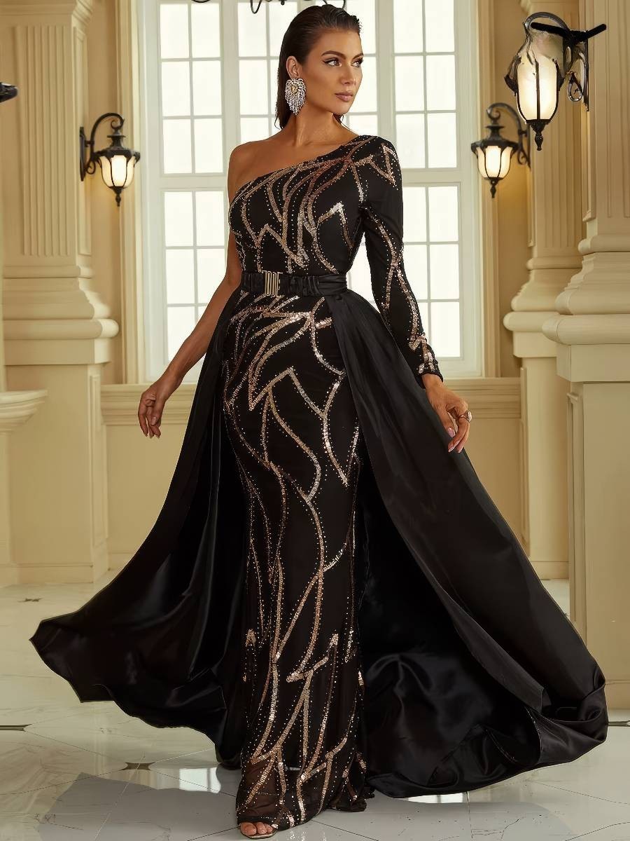 Robe Noire Et Dorée Longue À Paillettes Asymétrique Une Épaule