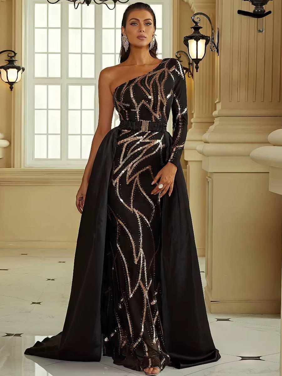 Robe Noire Et Dorée Longue À Paillettes Asymétrique Une Épaule – Image 5