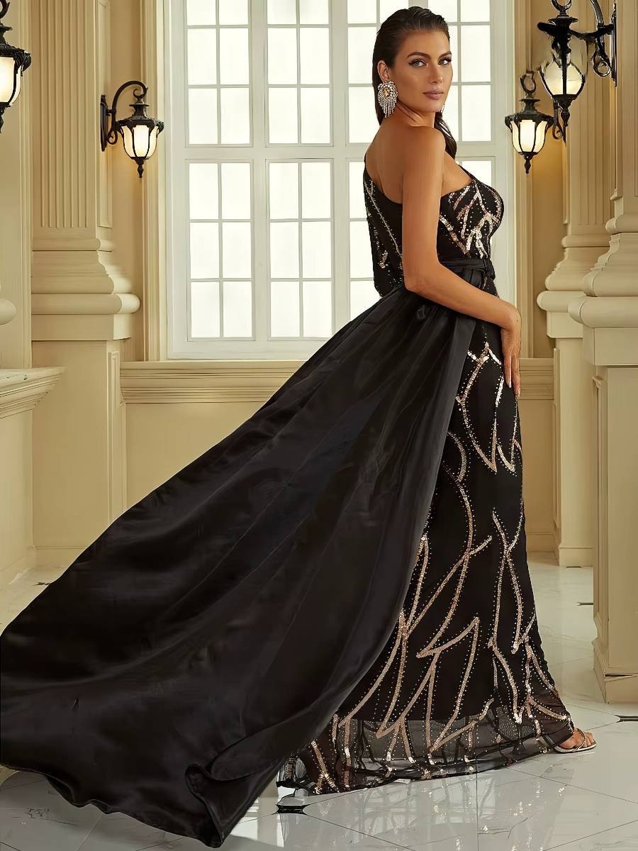 Robe Noire Et Dorée Longue À Paillettes Asymétrique Une Épaule – Image 4