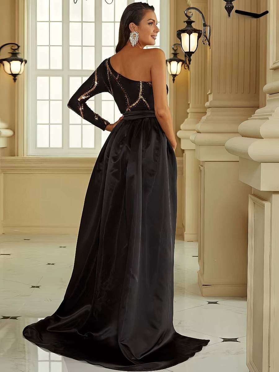 Robe Noire Et Dorée Longue À Paillettes Asymétrique Une Épaule – Image 3