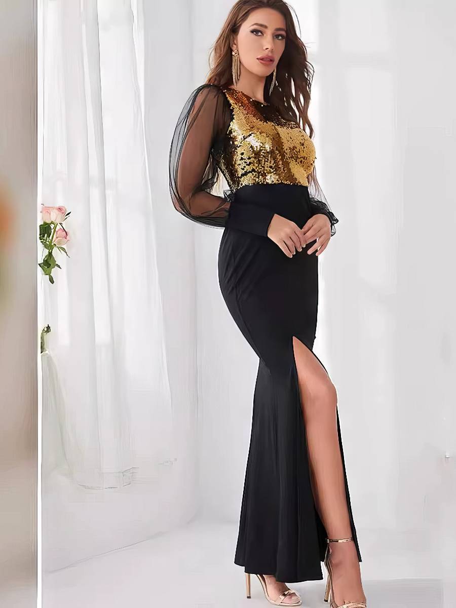 Robe Noire Et Dorée Longue À Paillettes Manches Longues Transparentes – Image 2