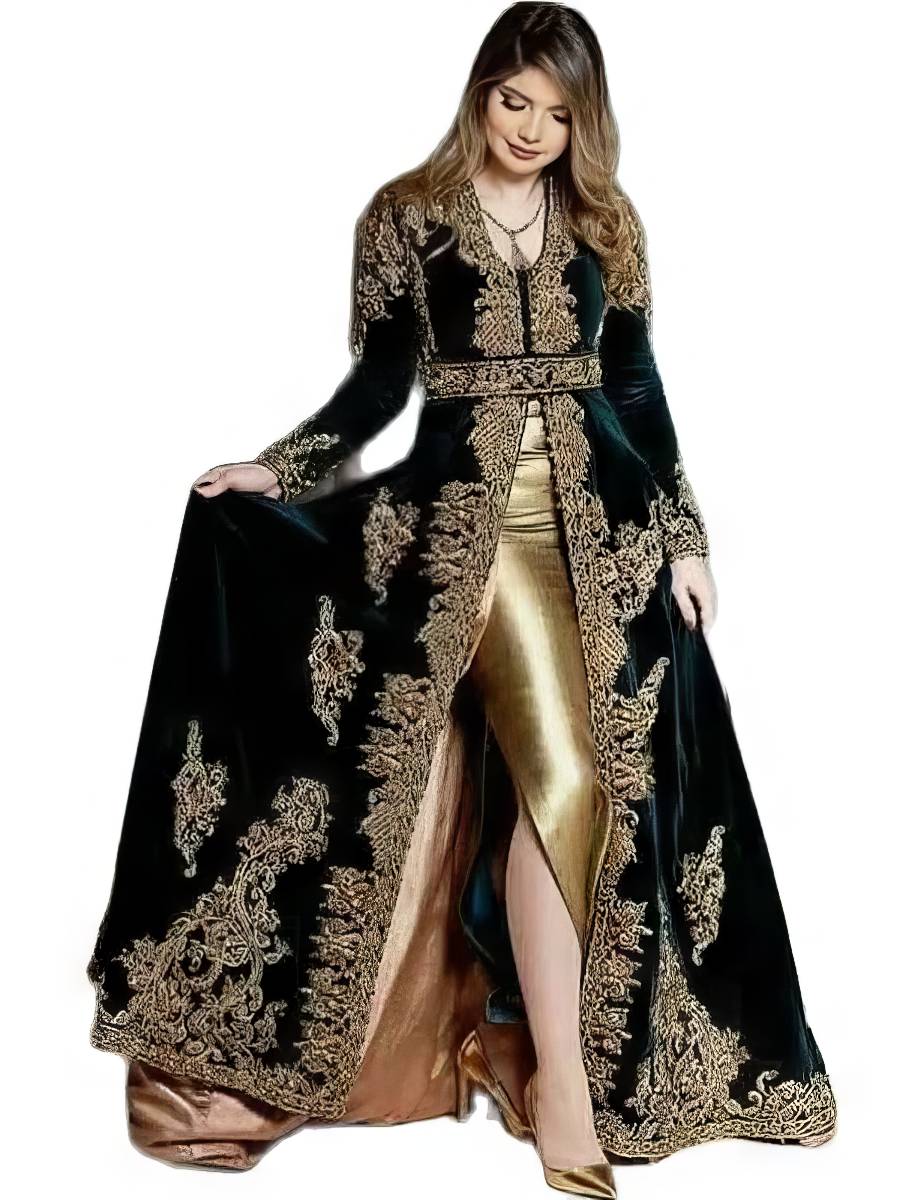 Robe Noire Ornée De Broderies Florales Dorées – Image 2