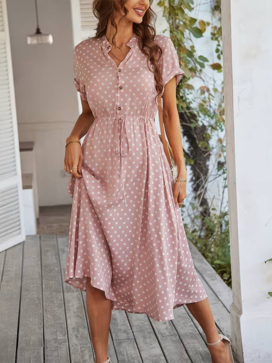 Robe Rose À Pois Blancs Mi-Longue Silhouette Légère