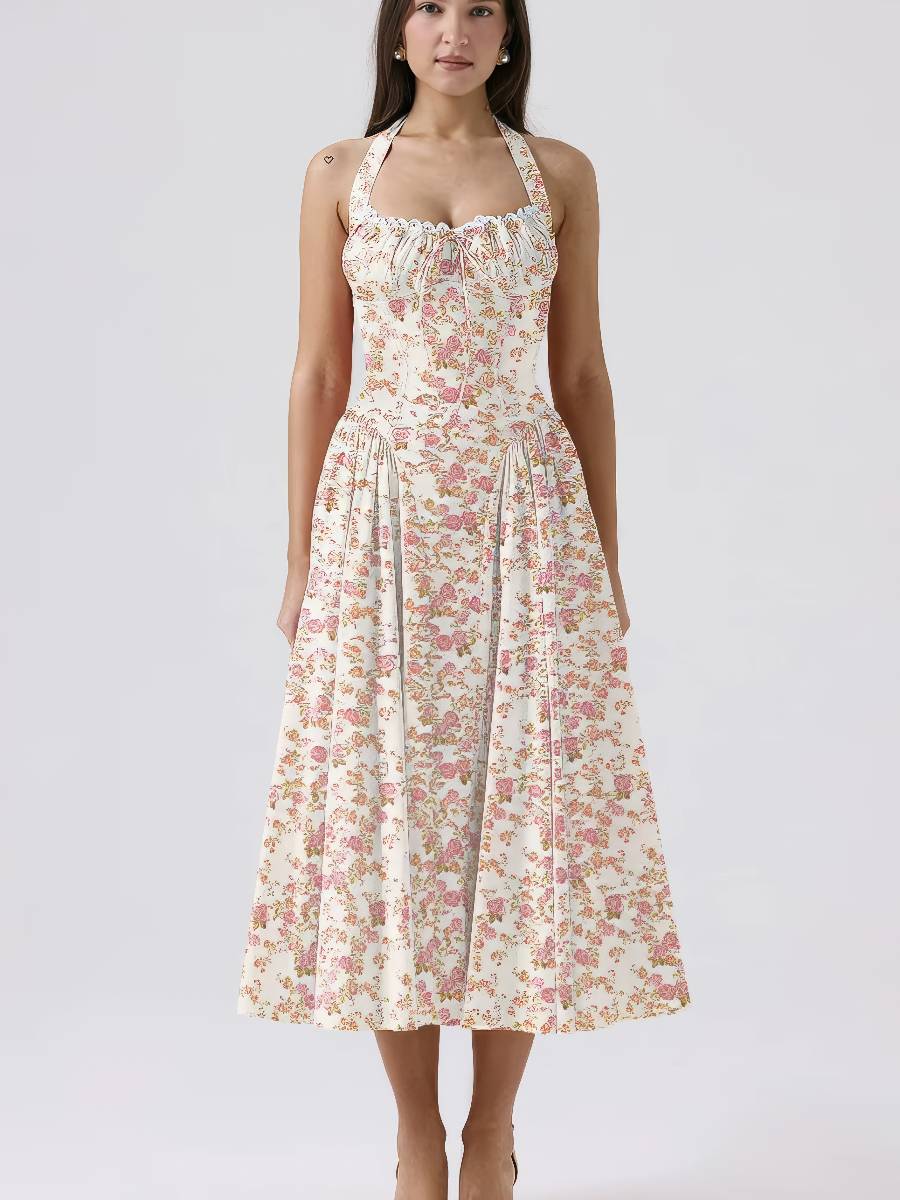 Robe Rose Et Blanc À Fleurs Coupe Midi Évasée Et Dos Nu