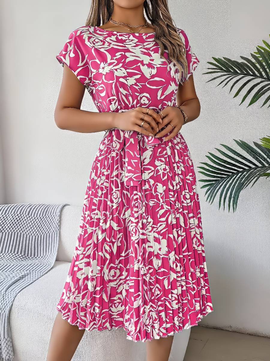 Robe Rose Et Blanc À Motifs Floraux Ceinturée Coupe Évasée