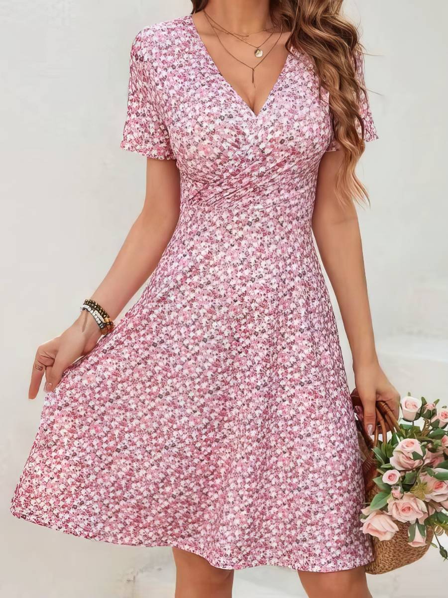 Robe Rose Et Blanc À Petites Fleurs Coupe Fluide Col Cache-Cœur