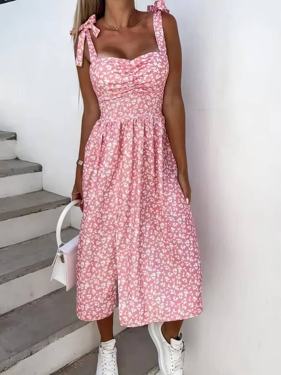Robe Rose Et Blanche Florale Coupe Midi Romantique