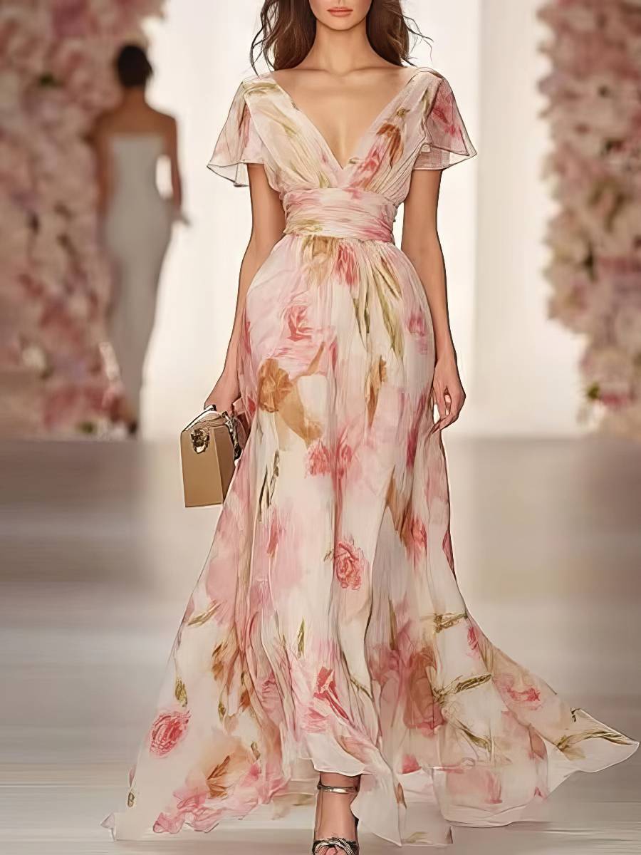 Robe Rose Poudré Et Blanche Imprimé Fleurs Délicates