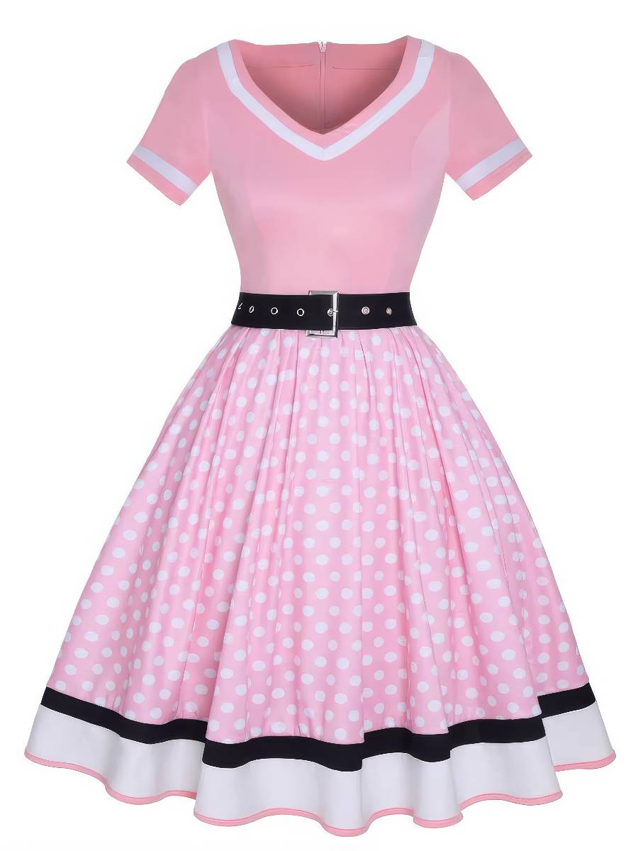 Robe Rose Vintage À Pois Blancs Pin-Up