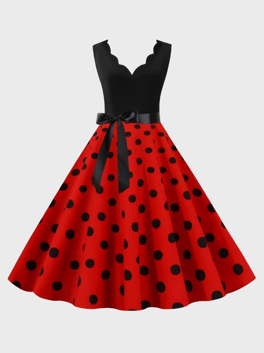 Robe Rouge À Pois Noirs Style Vintage Années 50