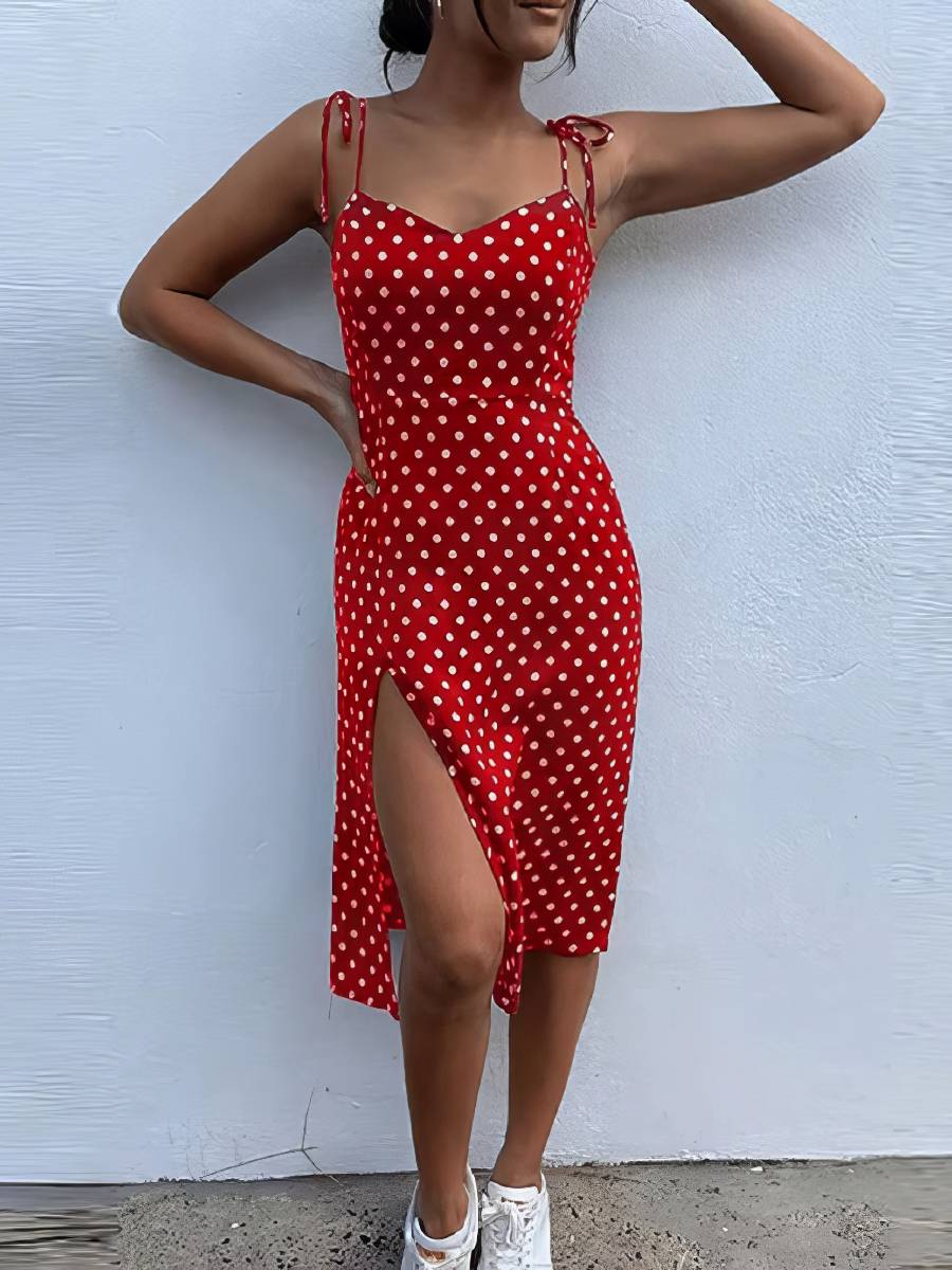 Robe Rouge Et Blanc À Pois Midi Fendue Esprit Été