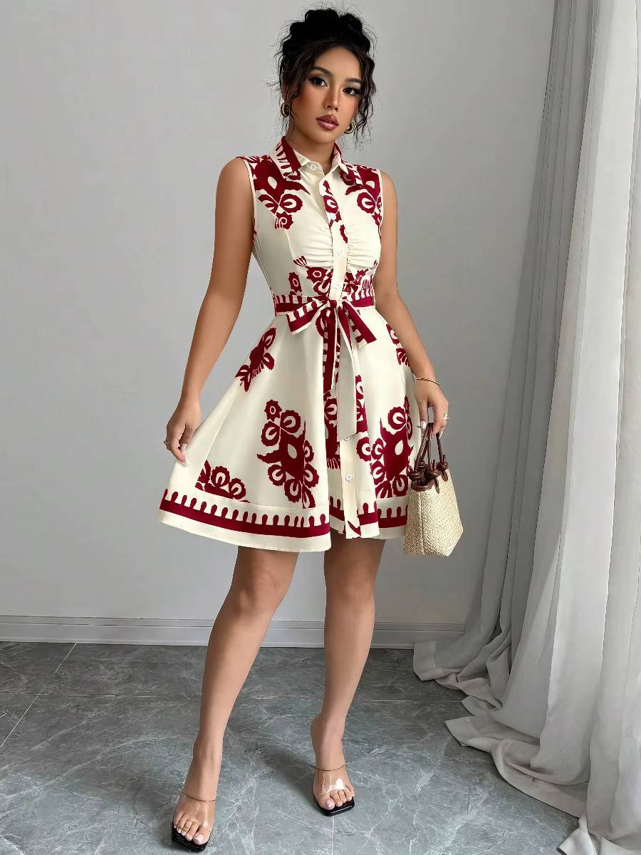 Robe Rouge Et Blanc Bicolore Ceinturée Style Chic