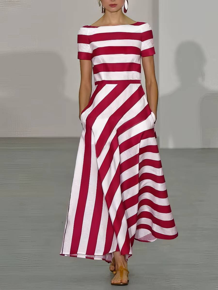 Robe Rouge Et Blanc Bicolore Longue Rayée Graphique