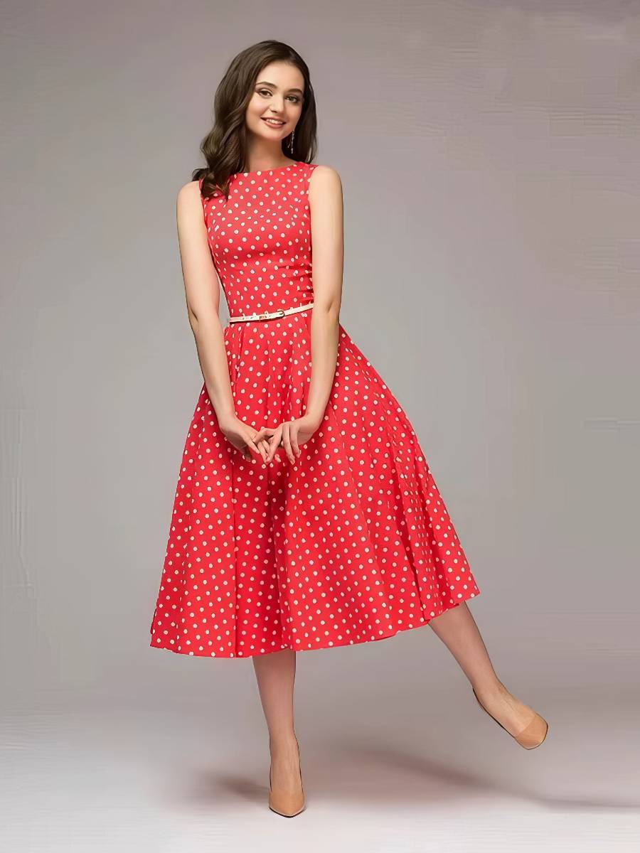 Robe Rouge Et Blanc Bicolore Midi À Pois Style Rétro