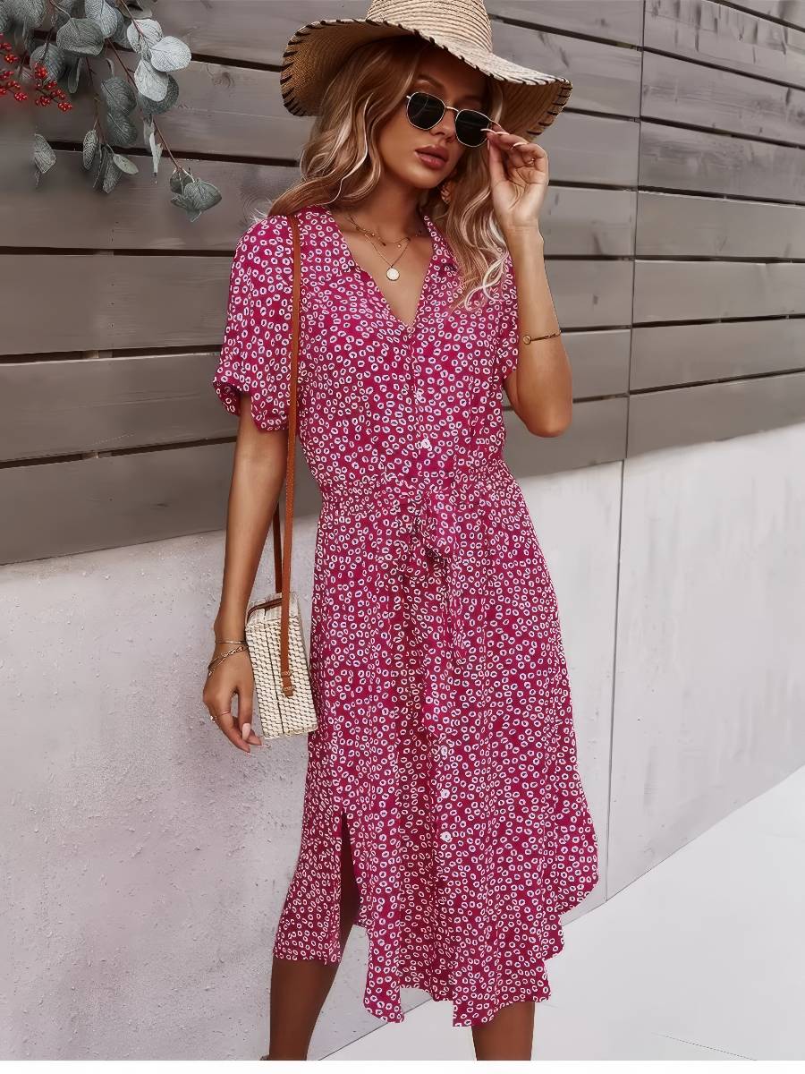 Robe Rouge Et Blanc Bicolore Midi Portefeuille Estivale