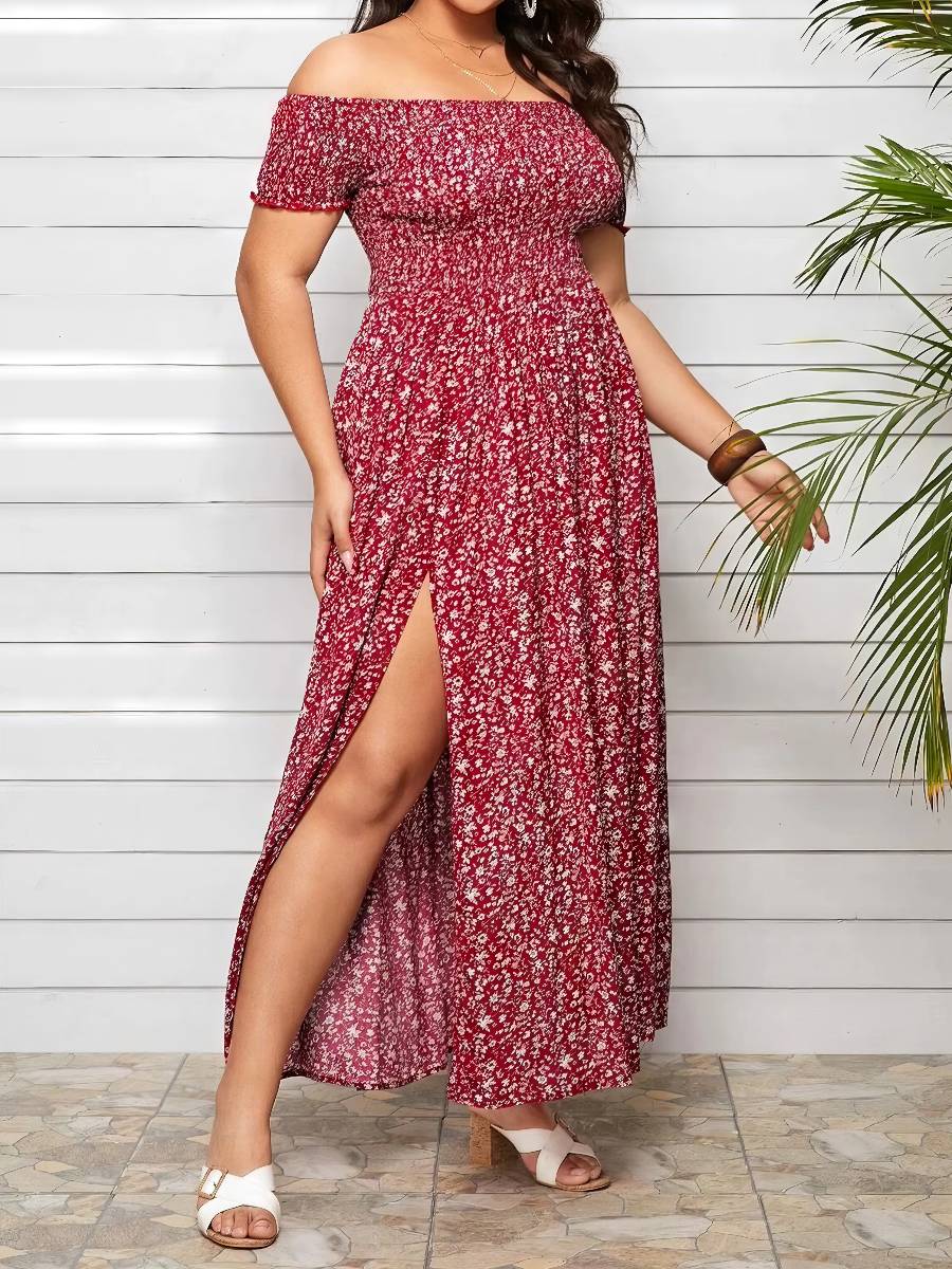 Robe Rouge Et Blanc Grande Taille Longue Fendue Bohème