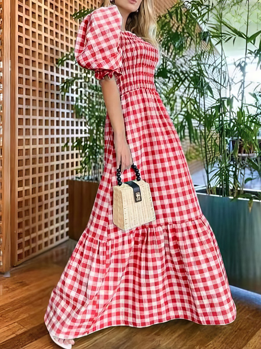 Robe Rouge Et Blanc Longue Vichy Manches Bouffantes