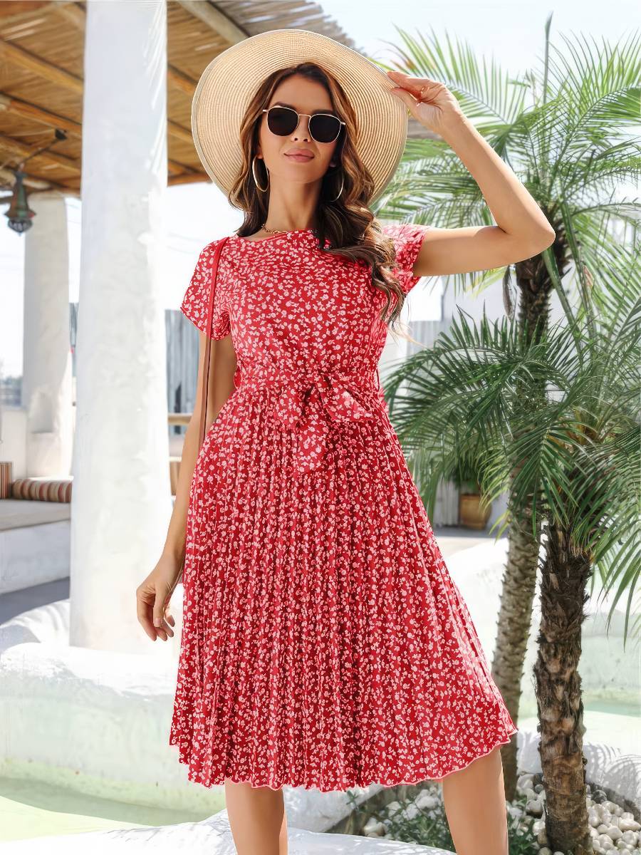 Robe Rouge Et Blanc Midi Manches Courtes Estivale