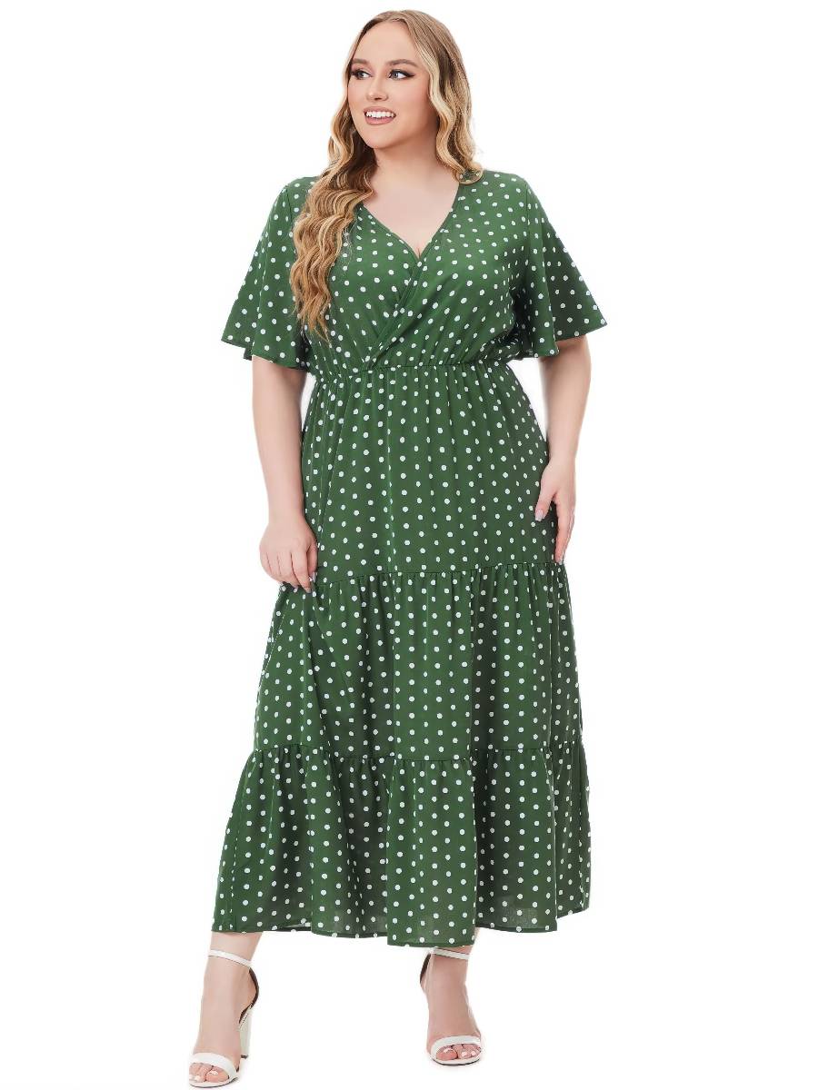 Robe Vert Et Blanc À Pois Longue Fluide Manches Courtes