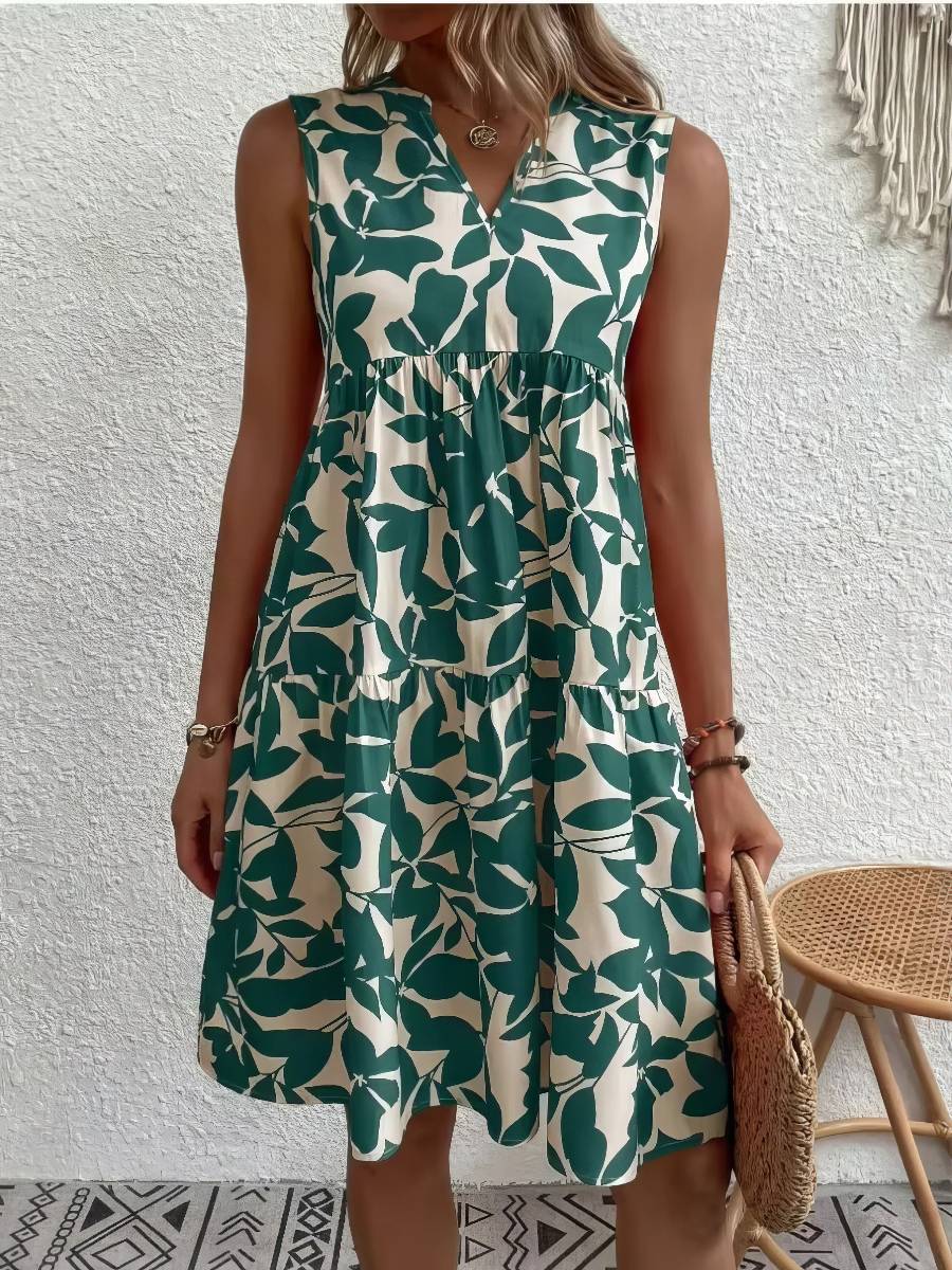 Robe Vert Et Blanc Courte Imprimée Feuillage Sans Manches