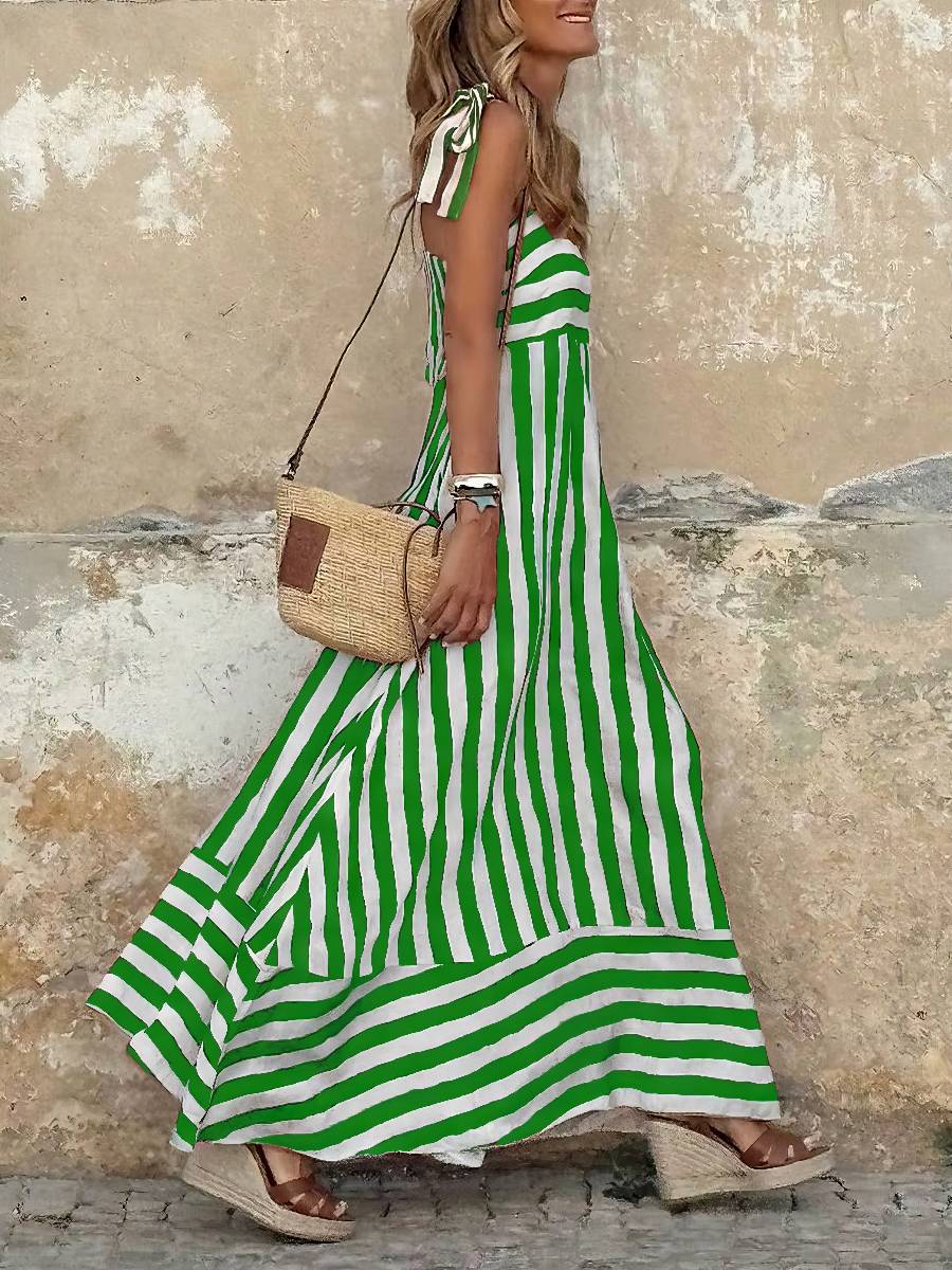 Robe Vert Et Blanc Longue Rayures Verticales Coupe Ample