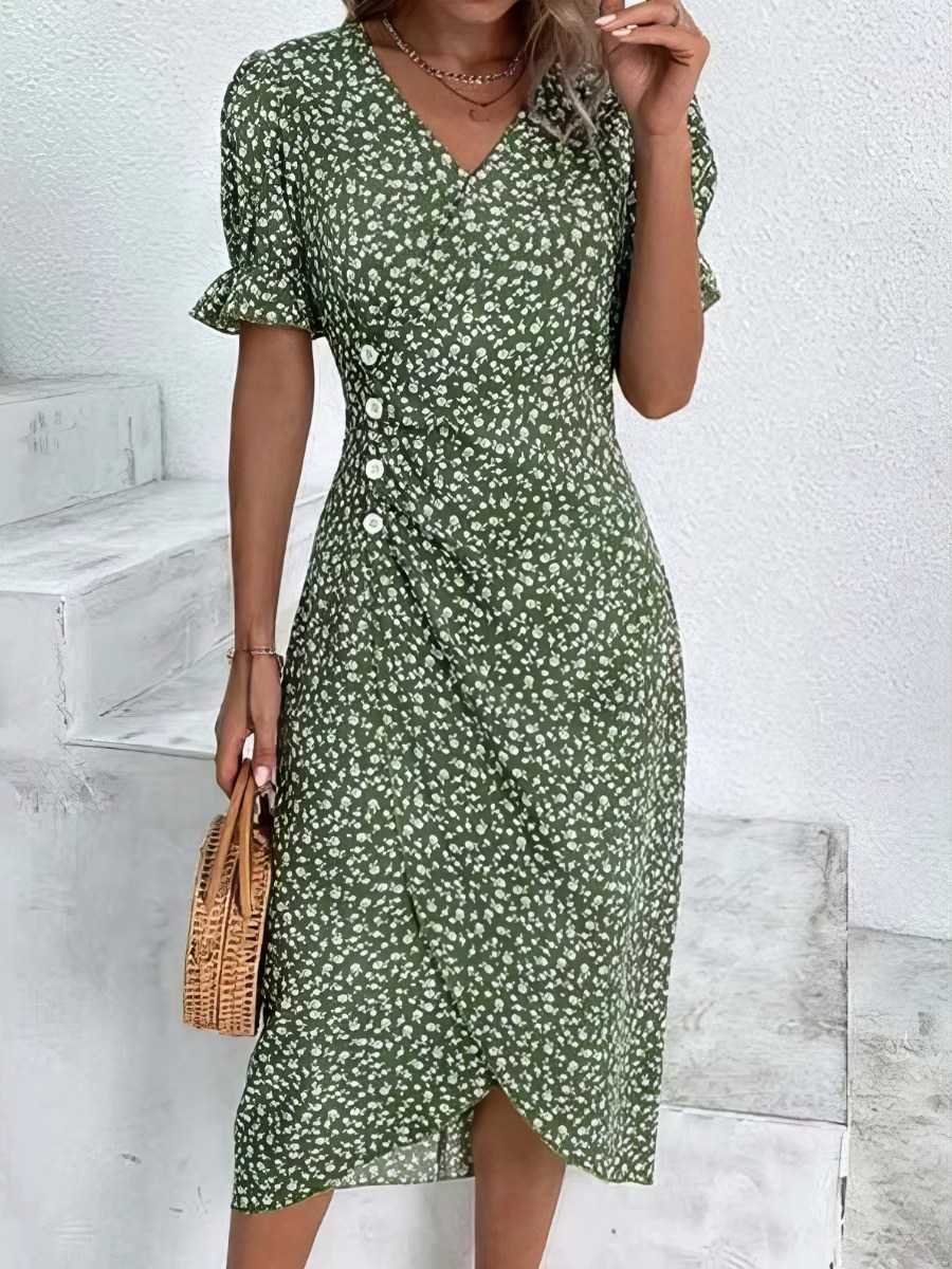 Robe Vert Et Blanc Mi-Longue Imprimé Floral Coupe Portefeuille Col En V Manches Courtes