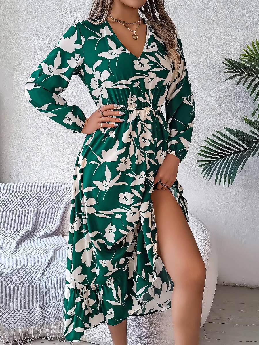 Robe Vert Et Blanc Midi Imprimée Fleurs Manches Longues Col Cache-Cœur