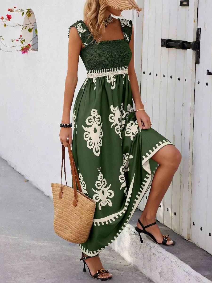 Robe Vert Et Blanc Taille Smockée Motif Ethnique